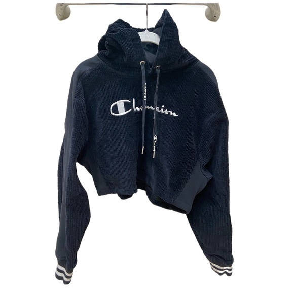 Champion Reverse Weave Crop Corduroy Hoodie. Black. Size Small - Picture 2 of 9